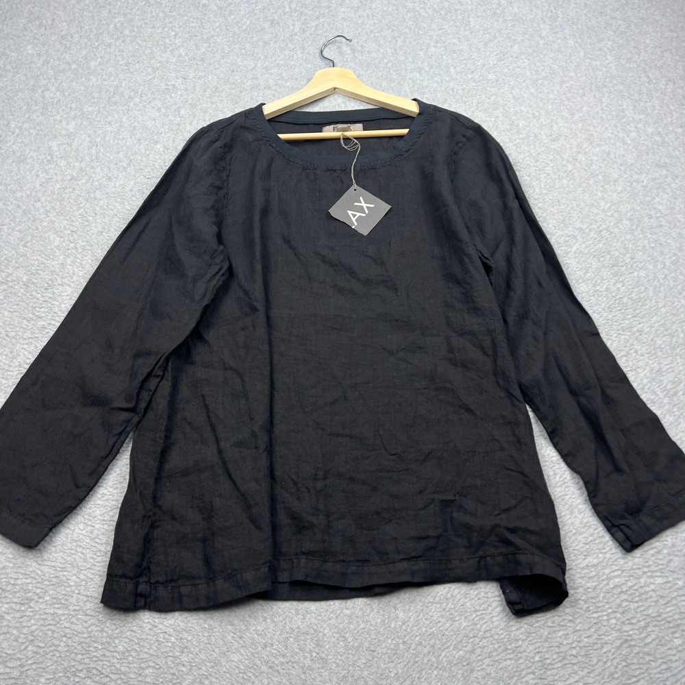 NEW FLAX Top Womens Medium Black 100% Linen Long Sleeve Round Neck Lagenlook NWT